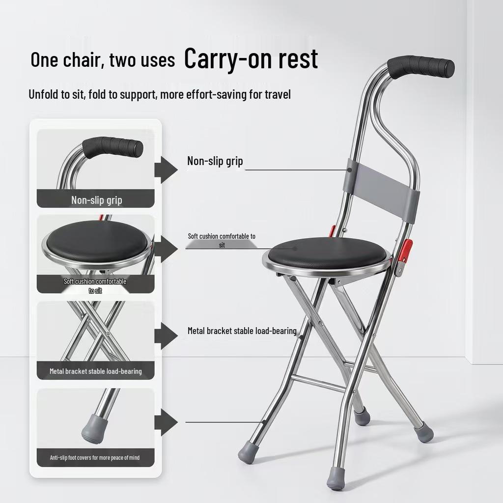 Stainless Steel Folding Cane Stool: Lightweight, Non-Slip, Four-Legged Support for Elderly Assistance