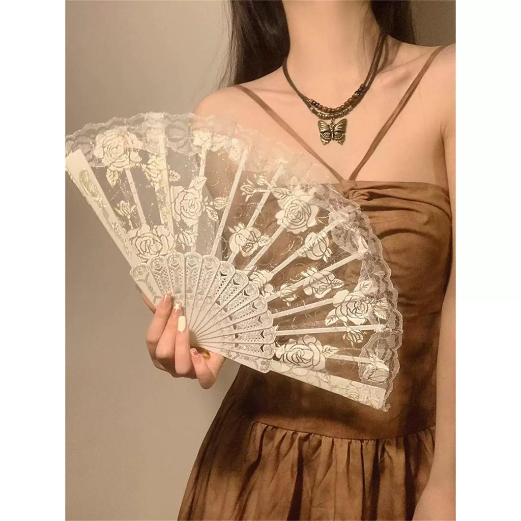 New Chinese-Style Lace Rose Fan for Women, Summer Folding Fan for Dance, Traditional Style Folding Fan with a New Design to Match the Mamian Skirt