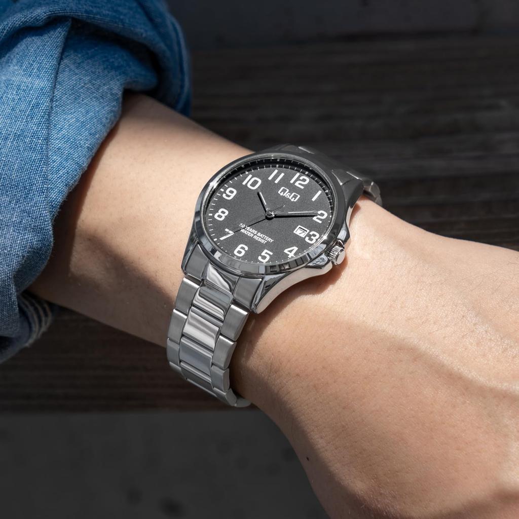 Citizen Analog Battery Date Metal Black Q&Q Men's Watch, 10-Year Life, Waterproof, Display, Band, A23A-002PK,