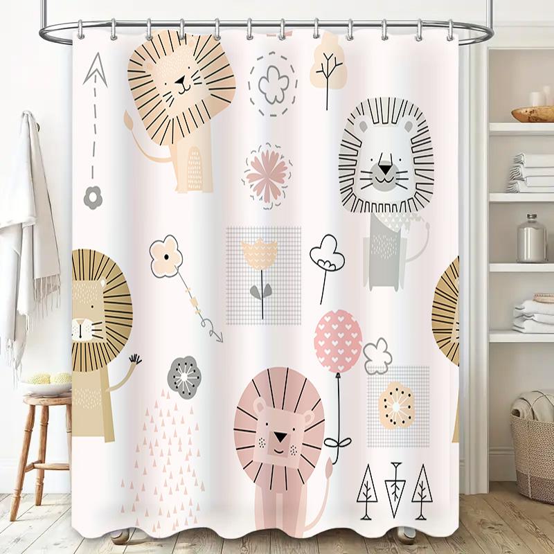 Cute Cartoon Animal Print Shower Curtain With Lion Design For Bathroom Decor Cream White Floral Kawaii Pattern Shower Curtains H