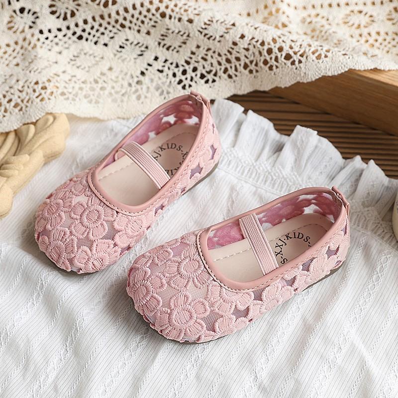 Girls Flat Mesh Sandals With Lace Flower Detail Mary Jane Style Toddler To Kid