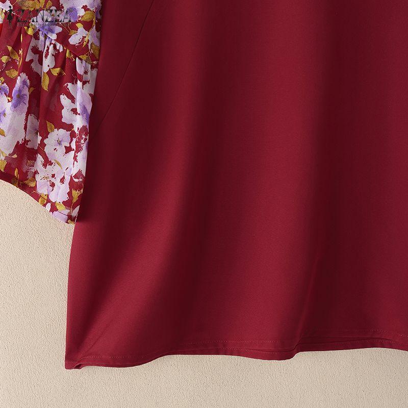 ZANZEA Damen Freizeit Stehkragen Print Patchwork 3/4 Ärmel Elegante Bluse