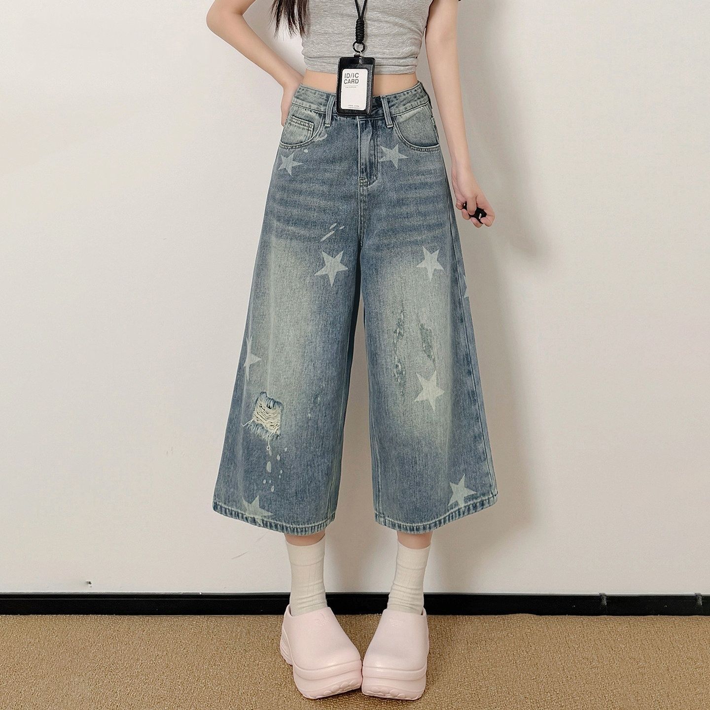 women s High Waisted Star Print Cropped Jeans Loose Wide Leg Distressed Washed Denim Culottes S синий