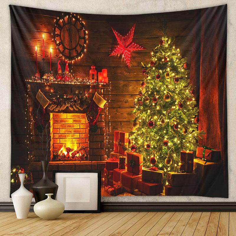 American Christmas Tapestry for Living Room Xmas Tree Fireplace Printed Wall Hanging Cloth Soft Square Holiday Home Decoration