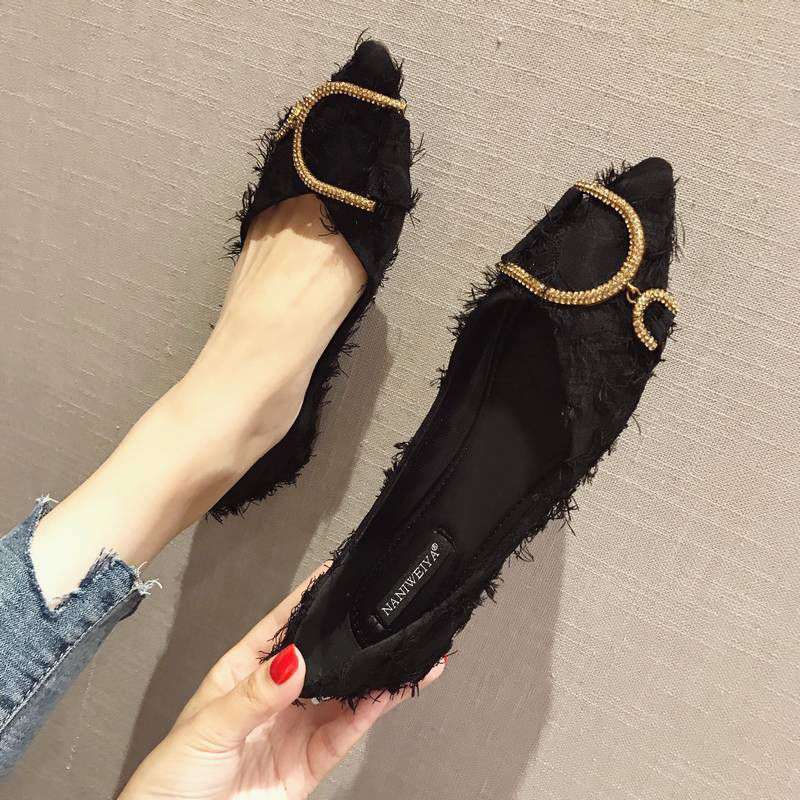 2025 Spring New Korean Version of Fashion Rhinestone Versatile Pointed Single Shoes Women's Flat Bottom Shallow Mouth Laden Shoes Women's Shoes Tide