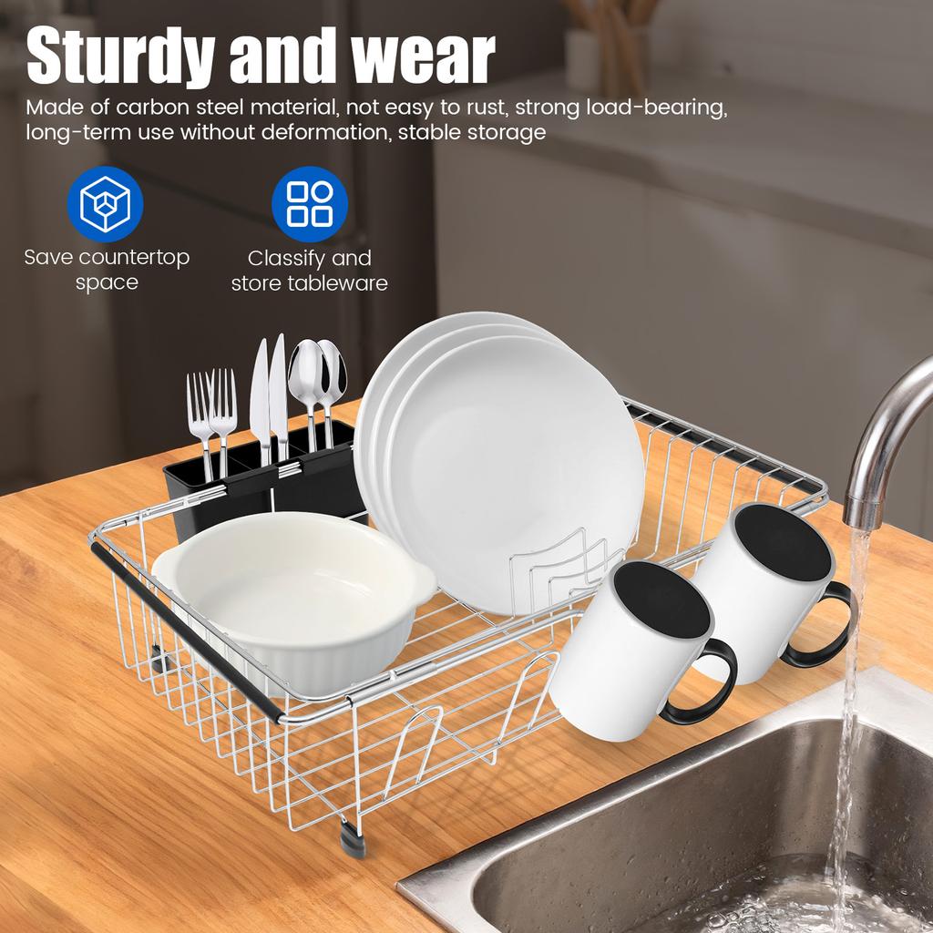 Adjustable Sink Dish Drying Rack Carbon Steel Tableware Rack with Nonslip Rubber Arm and Utensil Holder Kitchen Fruit Drainer