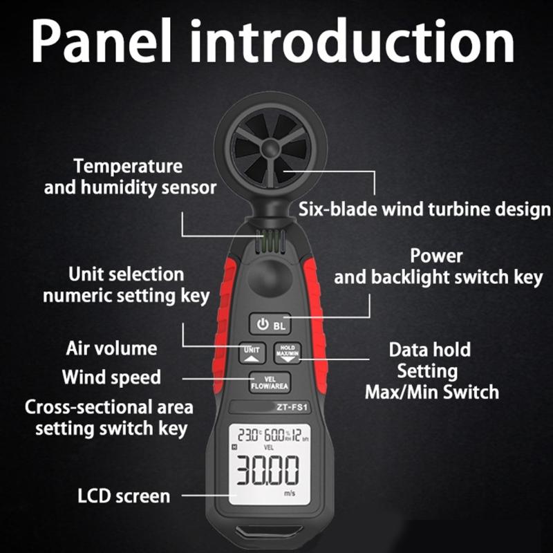 Handheld Anemometer Measuring Speed Wind Volumes Force Temperature Moisture Large LCD Backlight Display for Outdoor