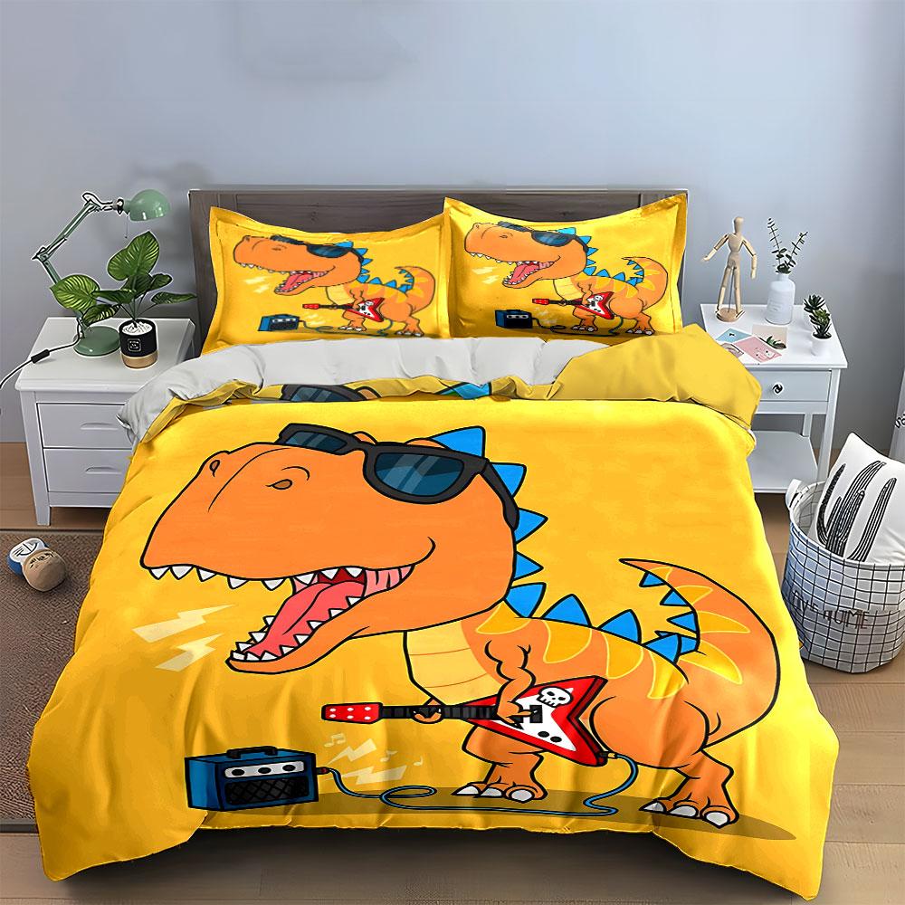 Cool Dinosaur Playing Guitar Bedding Duvet Cover Set Duvet Cover Pillowcases  (1*Duvet Cover 2*Pillowcases, Without Duvet Insert)