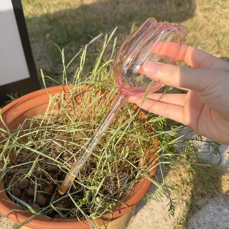 1-6PCS Pink Tulip Plant Watering Balls Indoor Outdoor Automatic Drip Irrigation System Glass Insert Self-watering Bulbs Garden Supplies