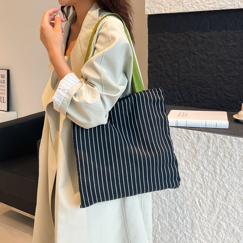 Plaid Cloth Bag Shoulder Cloth Bag Striped New Women's Bag Versatile Black and White Tote Bag Double Bag
