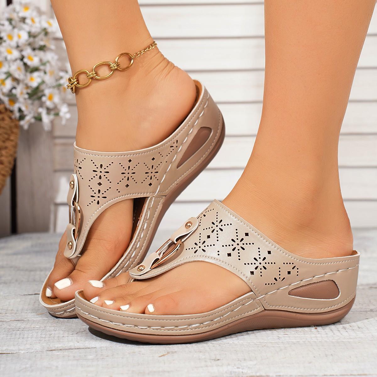 

Wedge heel toe slippers women s sewing line thick bottom flower hollow thick bottom flip-flops 43 хаки