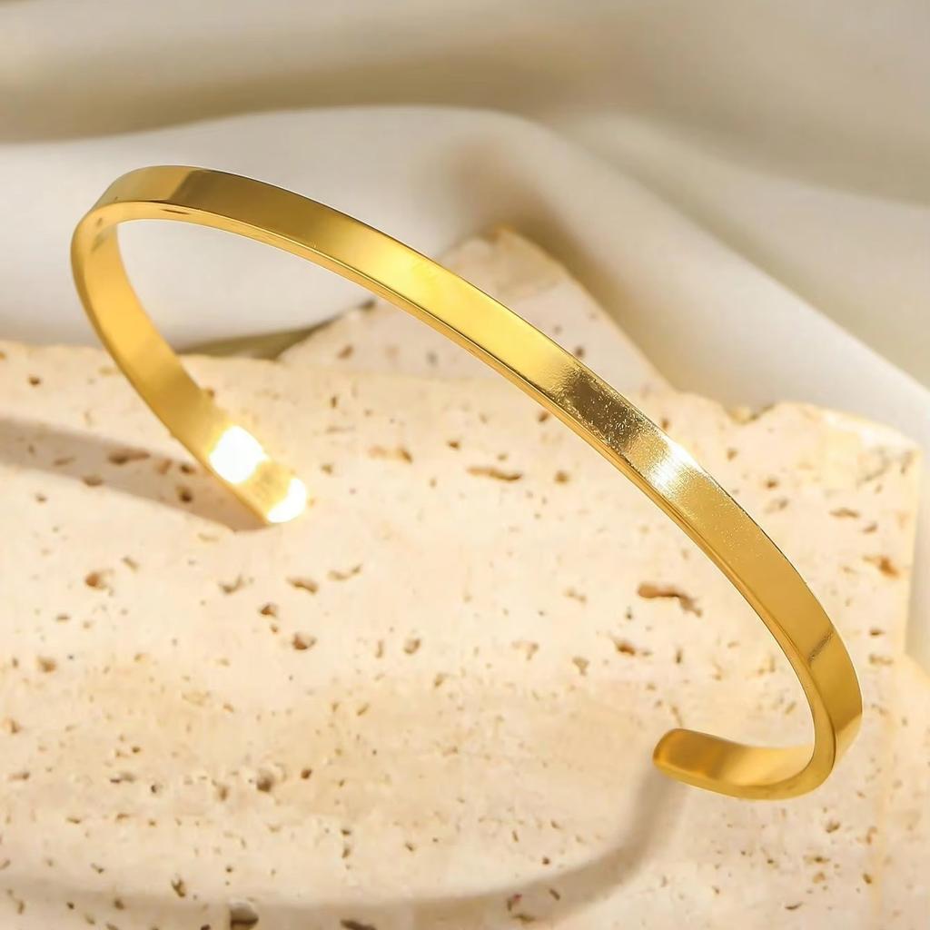 Women's Simple Smooth Stainless Steel Cuff Bracelets, 3/4/5/6mm Wide Open Bangles Gold Plated, Little Luxury Classic Jewelry