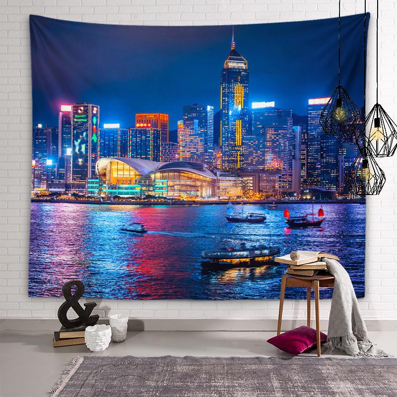 Stadt-Nachtansicht-Wandteppich, Nachtbeleuchtung, ästhetischer Wandteppich, Weltlandschaftlicher Ort, Stadtgebäude-Wandteppich, Wohnzimmer-Heimdekoration