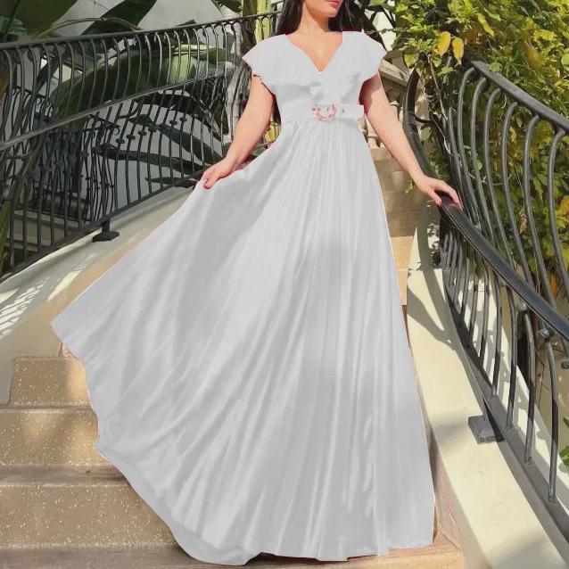 D3159P Plus Size V-Neck Pleated Ruffle Long Dress - European & American Style