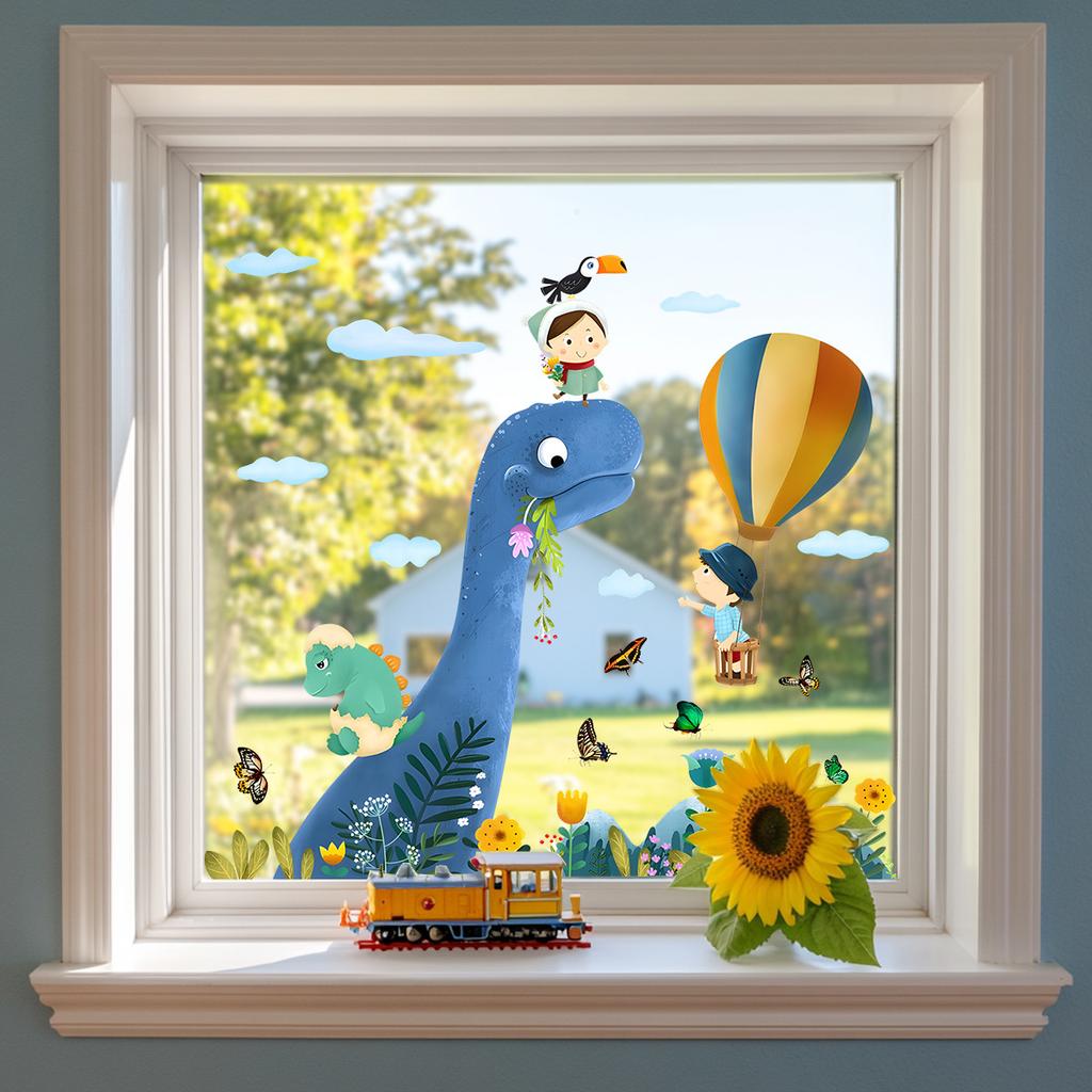 Dinosaur Hot Air Balloon Window Sticker for Balcony Bedroom Kindergarten Glass Home Decoration Self-Adhesive
