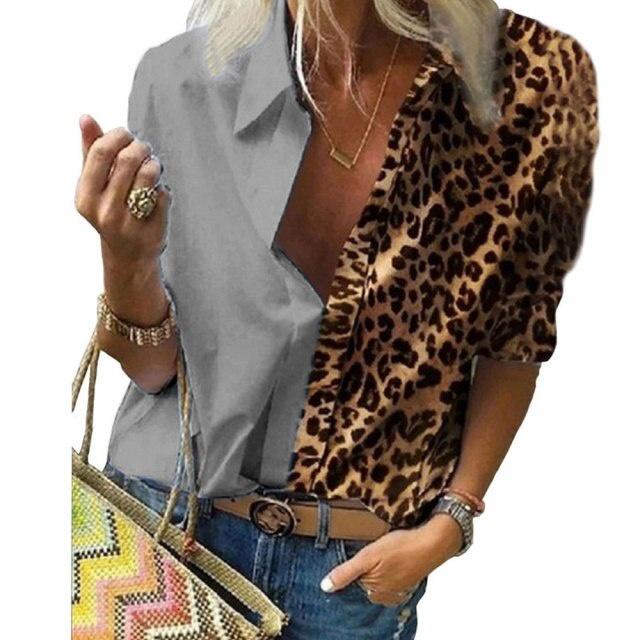 Casual Long Sleeve Leopard Print Patchwork Loose Blouses and Shirts Elegant Office Lady Chiffon Blouse Oversized Top