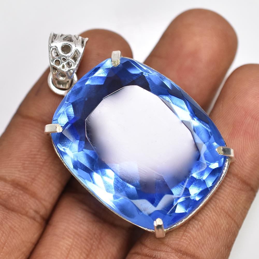 925 Sterling Silver Pendant 113 Ct Cushion Cut Natural Blue Topaz Gift For Dad
