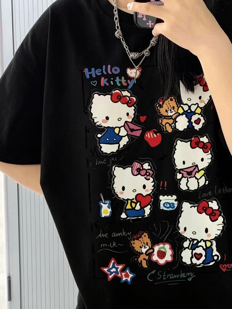 

2026 Summer Hello Kitty Love Letters Graffiti Printed Womens Cotton Y2K Style Cute Cartoon Pattern TShirt S