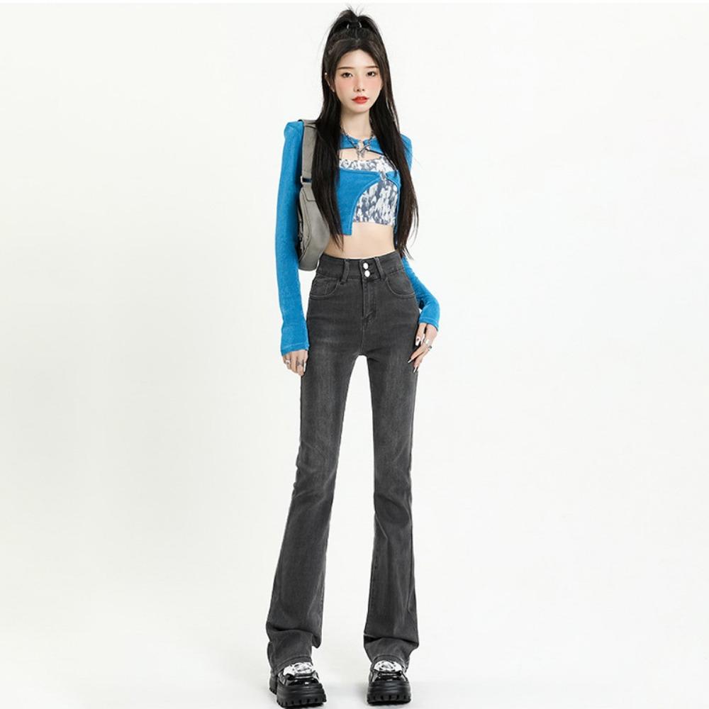 Versatile 2025 autumn and winter new high-waisted micro-flared jeans women's thin elastic American high-street horseshoe pants