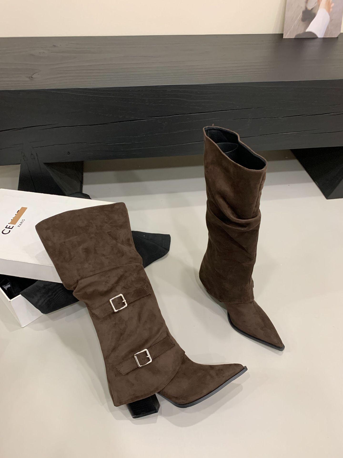

Two Wear Removable French Pointed Heel Pants Boots Women s 2025 Autumn Belt Buckle Tall Pile Boots Skinny Boots 39 коричневий