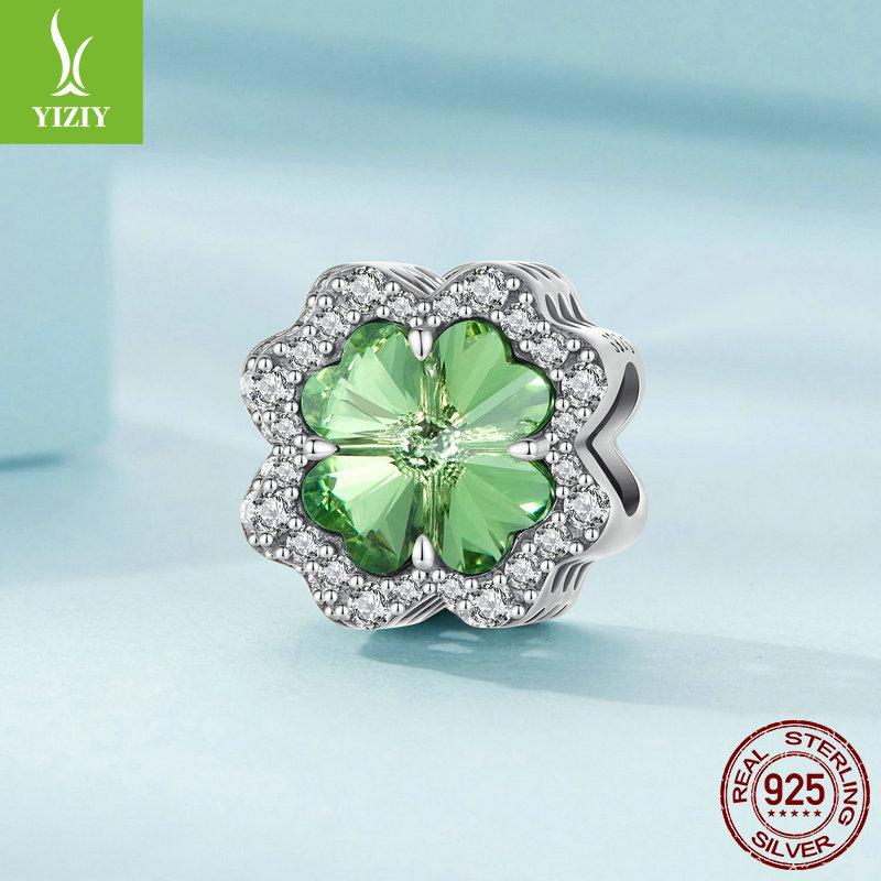 Simple Classic Green Four-Leaf Clover Diy Bracelet Beaded, Fashionable And Versatile S925 Sterling Silver Lucky Beads.