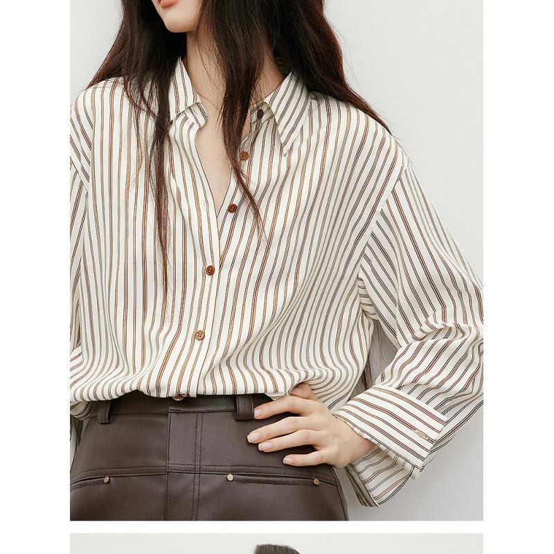 

Women s Brown White Stripe Long Sleeve Button Down Loose Fit Shirt S