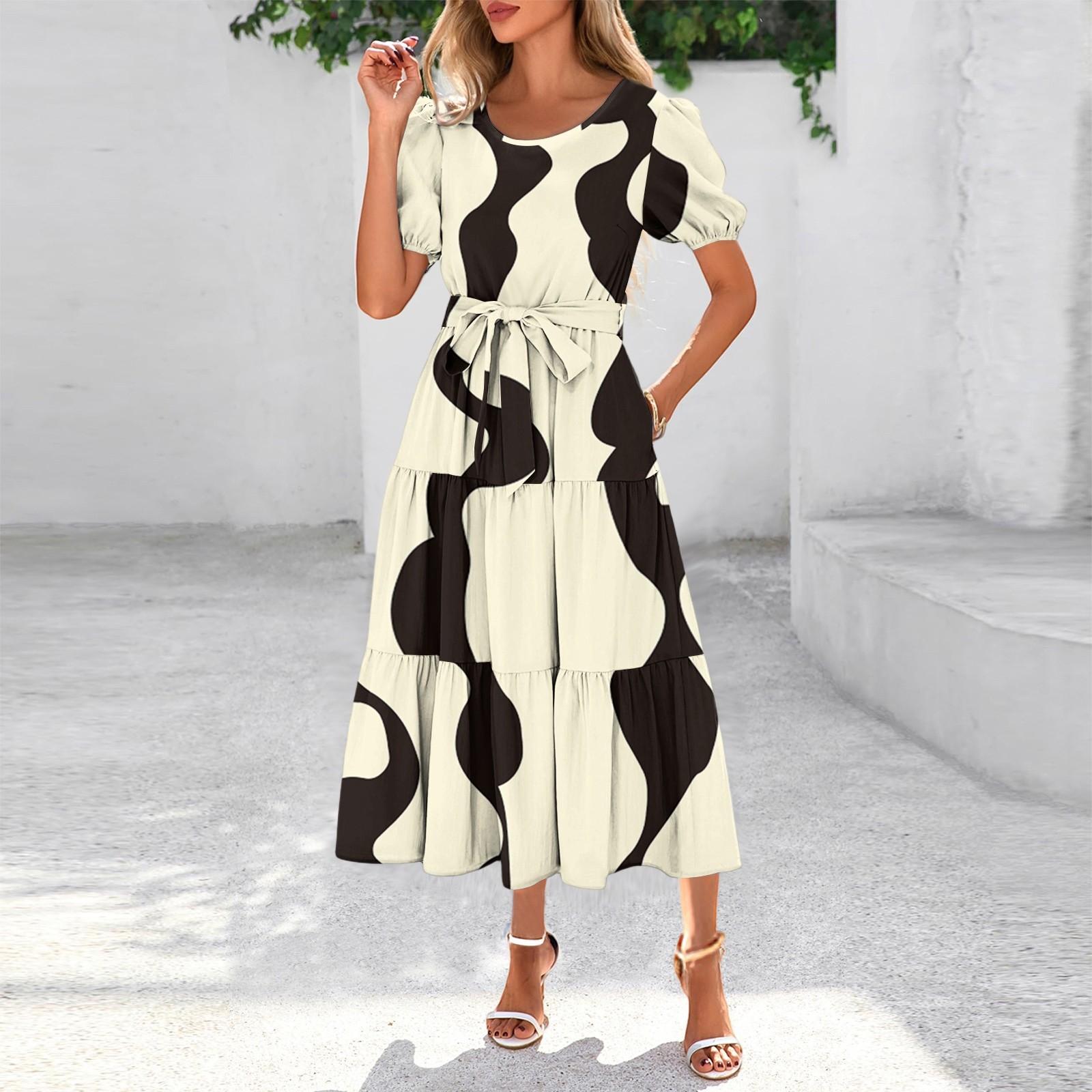 

Womens Summer Dresses Short Sleeve Button Tie Waist Boho Flowy Layered Maxi Dress S білий