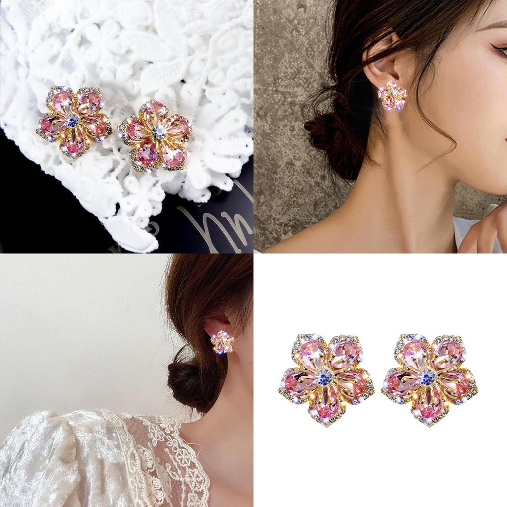 Floral Zircon Silver Needle Earrings With Rose Design For Elegant Women