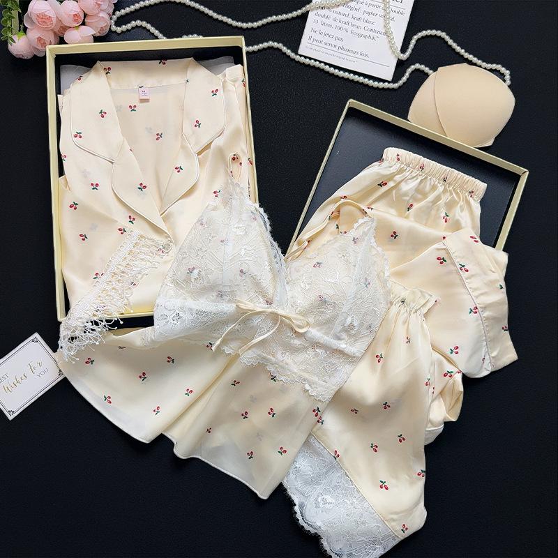 Women's Ice Silk 4-Piece Set: Short-Sleeved Camisole & Long Pants for Spring/Summer, Cozy Outerwear for Autumn/Winter.
