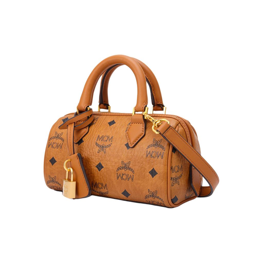 MCM Ella Monogrammed Gold Lock Pendant Canvas And Leather Boston Bag Mini Women handbags Brown Cognac MWBESEA01CO001