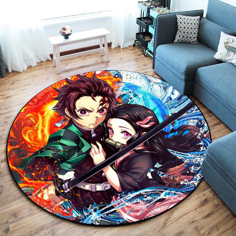 Classic Japanese-style Cartoon Demon Slayer Round Rug, Home Soft Decorative Anti-slip Yoga Mat and Chair Mat, Outdoor Floor Mat Carpet K6
