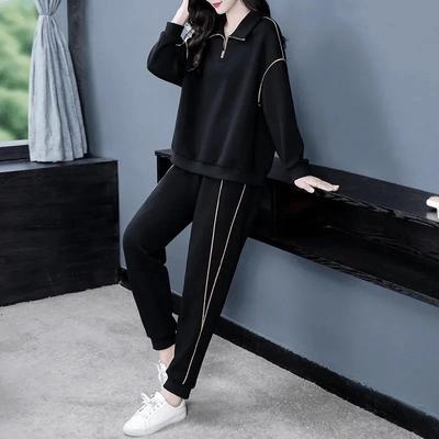 Women Suits Sets Cotton Large Size Pullover Sweatshirt Pants Long Sleeves Stretch Warm Two-piece Oversize 2PC Suit