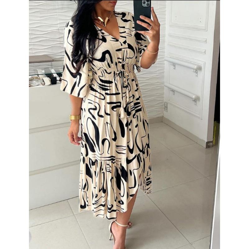 

Summer Printed V-neck Short Sleeved Women Fashion Dress Plus Size High-waisted Lace-up Loose Casual A-line Party Dresses Pleated Slim Ruffle Clothing S слонова кістка