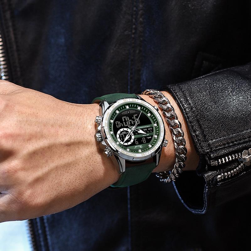 Los últimos relojes deportivos de moda, manecillas multifuncionales, resistente al agua, correa de cuero luminosa, doble pantalla, relojes de negocios de lujo para hombres