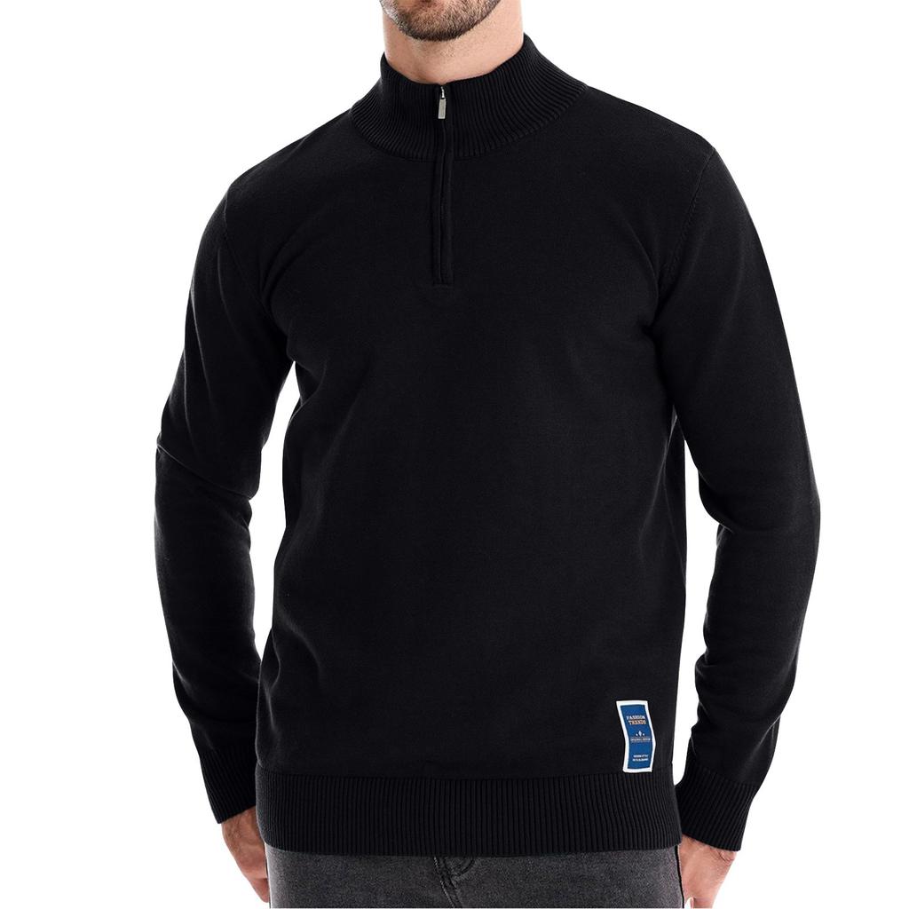 Men's Winter Solid Color Stand Collar Half Zipper Slim Fit Knit Long Sleeve Top