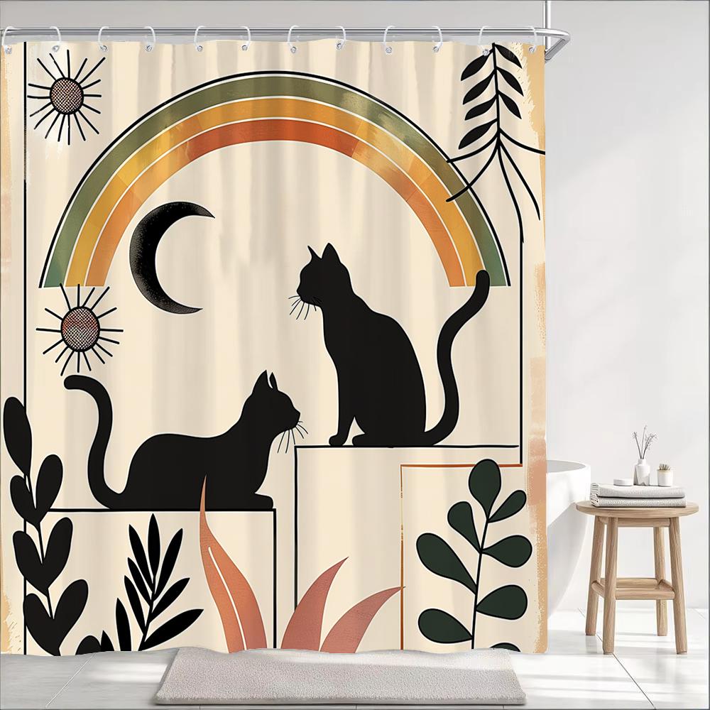 1Pc Nordic Art Cartoon Black Cat Print Shower Curtain Partition Privacy Hanging Bathroom Curtain With Hooks Decoration Curtain