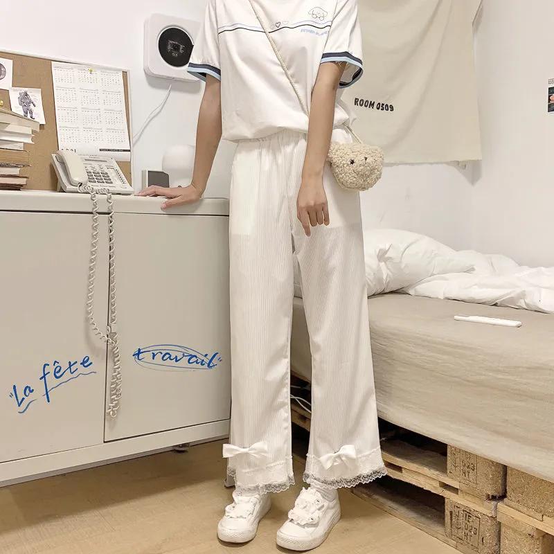 Kobiety Kawaii wysokiej talii sztruksowe spodnie urocza kokardka koronkowe spodnie szerokie nogawki dziewczęce ubrania w stylu Vintage luźne słodkie spodnie