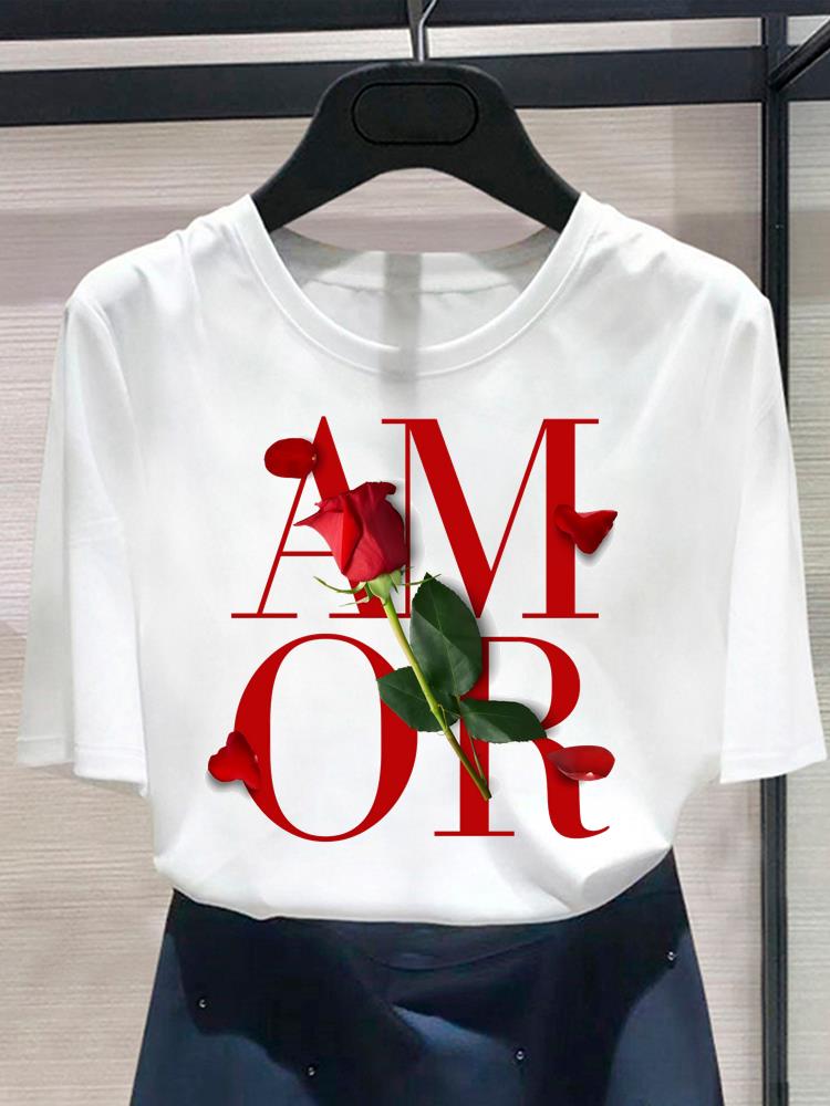 (Asian Size) style flower w 90s T shirt Print Women's Top O-neck Short Sleeve T-shirts Fashion Female Casual Clothing Graphic Tee