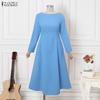 ZANZEA Women Casual Round Neck Solid Color Long Sleeve A-Line Dress
