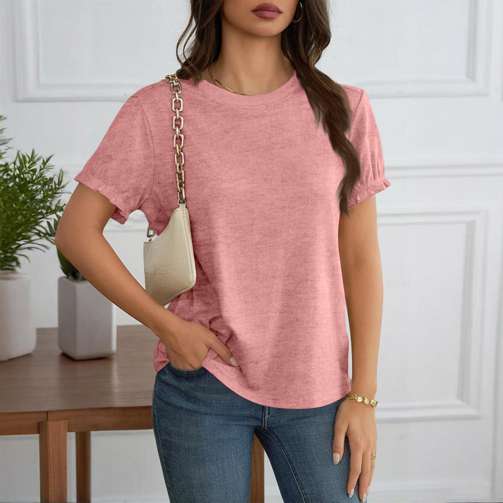 

Women Short Sleeve Crew Neck Casual T Shirt Basic Loose Fit Soft Knit Top with Elastic Cuffs for Daily Wear XXL розовый