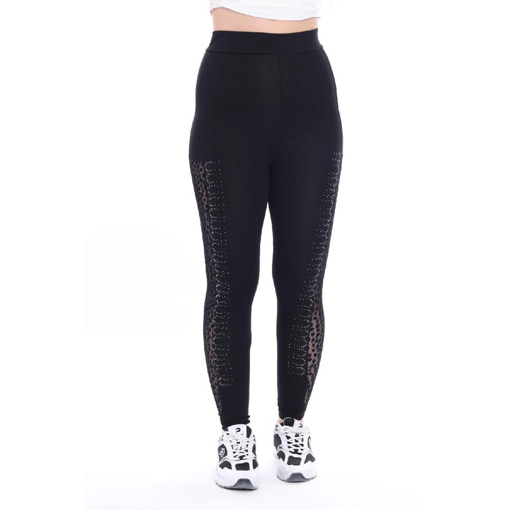 Women's Black Stone Embroidered Polka Dot Tulle Leggings