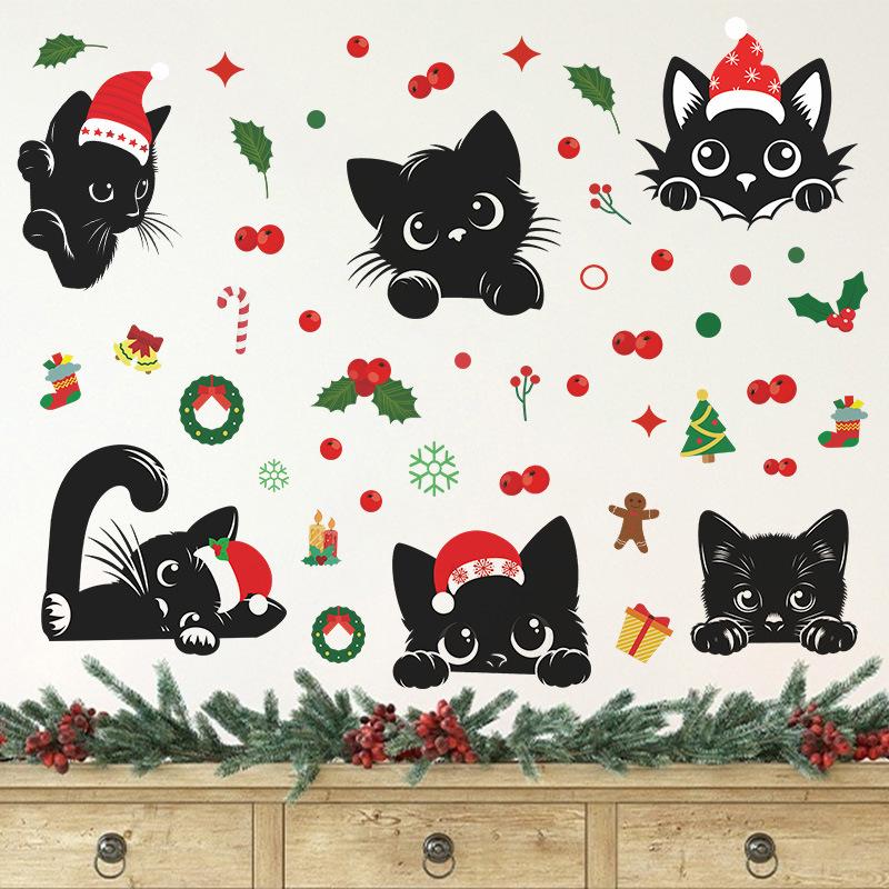 Wall Sticker Christmas Wall Sticker Black Cat Star Atmosphere Christmas Window Sticker Refrigerator Sticker Kitchen Children's Room Wallpaper