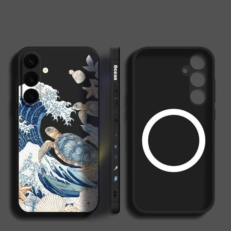 Ocean Wave Whales Pattern Case For Samsung Galaxy S26 Ultra S25 FE S24 S23 S22 Plus S21 FE Built-in Metal Plate Magnetic Silicone Cover