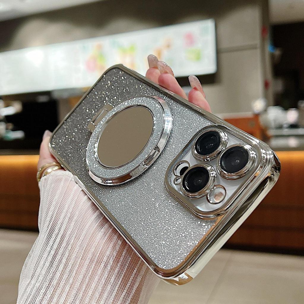 Třpytivé magnetické pouzdro na telefon pro iPhone 15, Apple 14promax, 13 Soft Shell Mirror Bracket, galvanicky pokovené pouzdro Apple 14promax