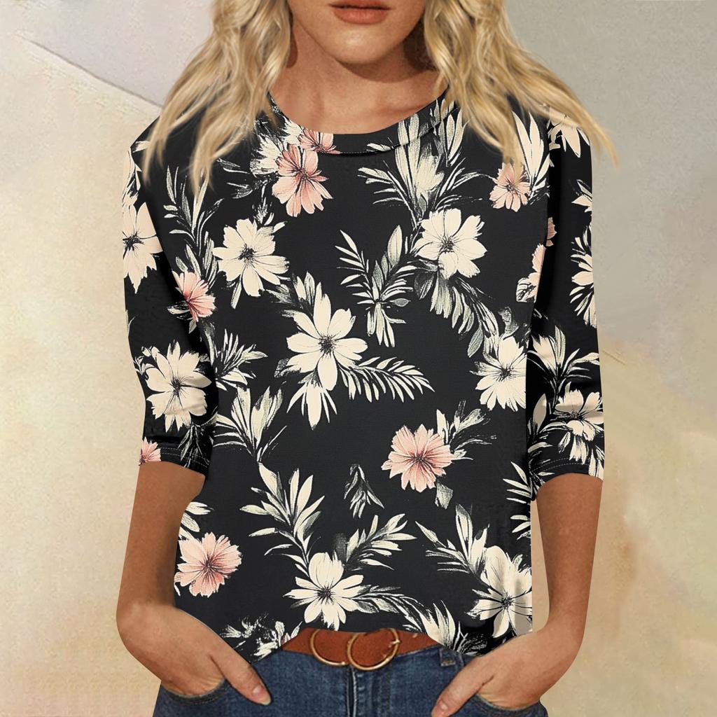 Women's Fashion Casual Round Neck 3/4 Sleeve Loose Printed T-Shirt Ladies Top