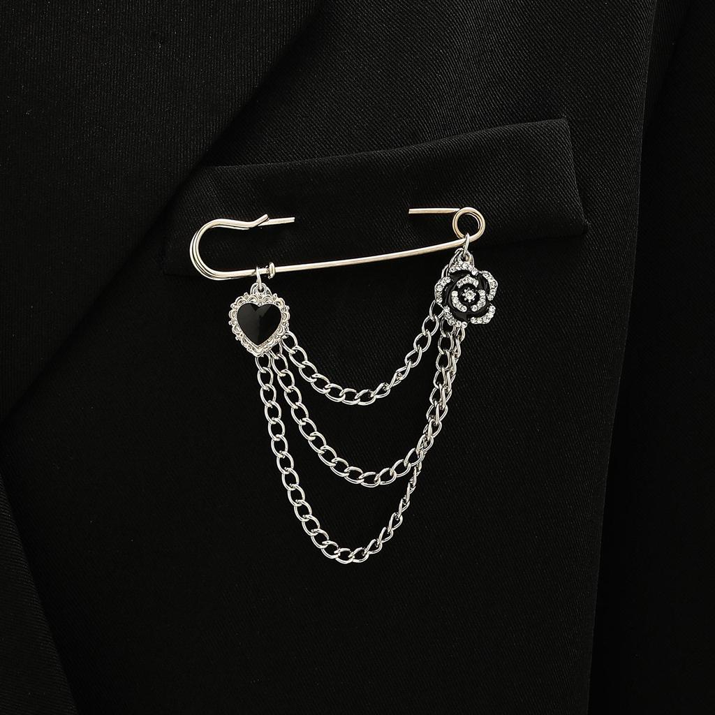Minimalist Cross Jewelry Paperclip Chain Brooch—Unisex Punk Hip Hop Heart Pin with Tassel for Suits