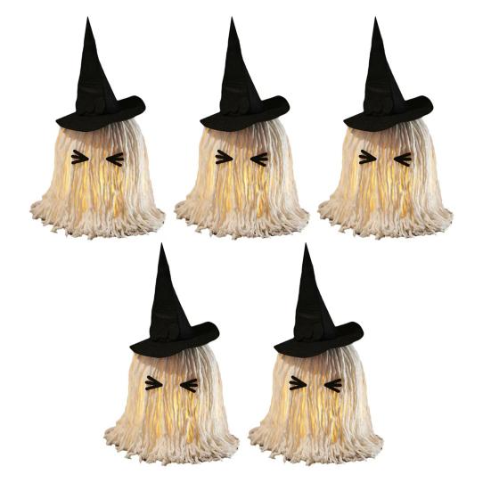 Halloween Hanging Ghost Decoration LED Light Up White Cotton Rope Ghost with Witch Hat for Indoor Outdoor Home Party Decor