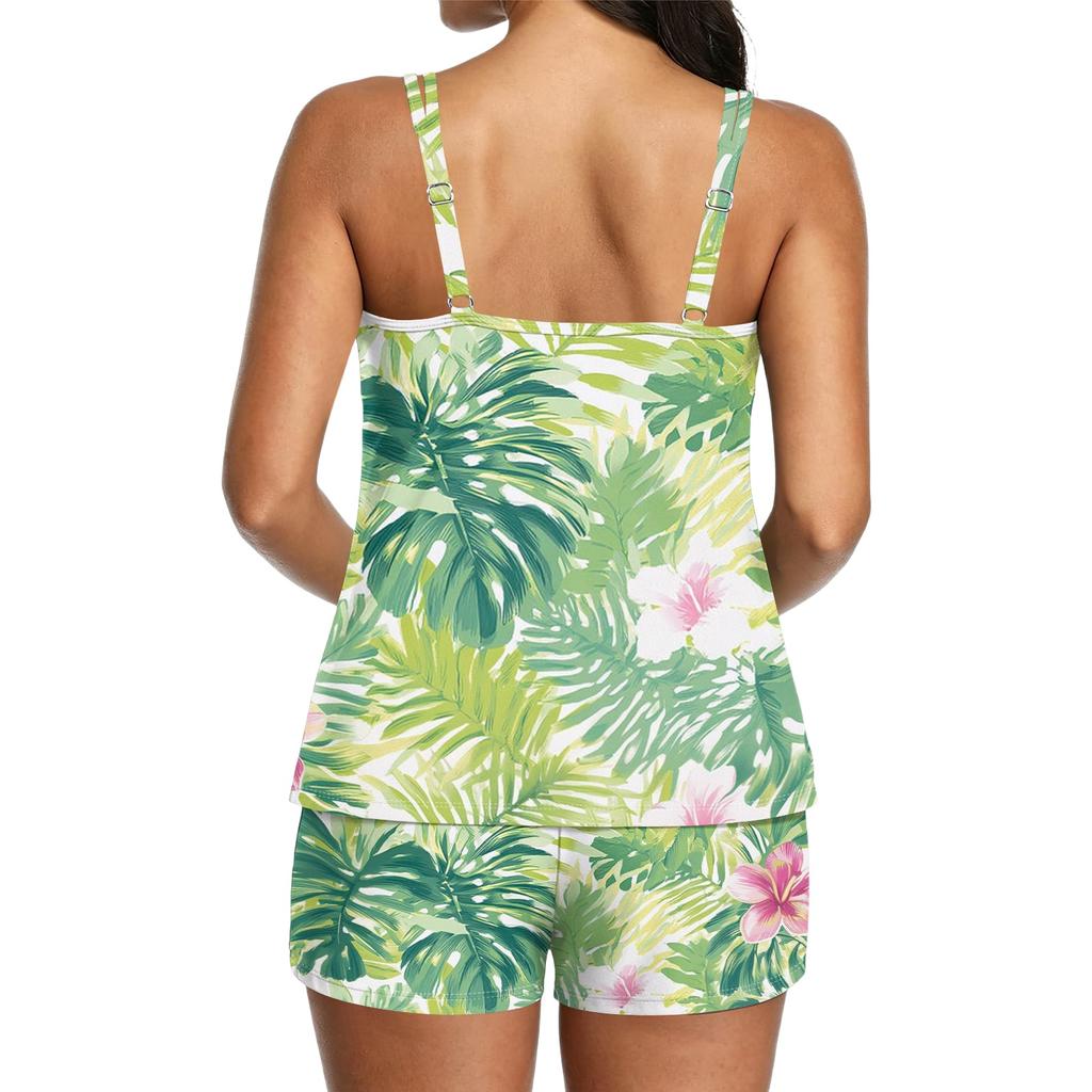 Women’s Sleeveless Tank Top and Shorts Set with Tropical Leaf and Floral Print Lightweight Fabric Relaxed Fit Loungewear