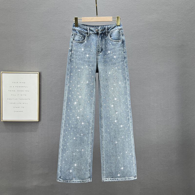 

European Station Wide Leg Spring High Waist Hot Drilling Denim Light blue S