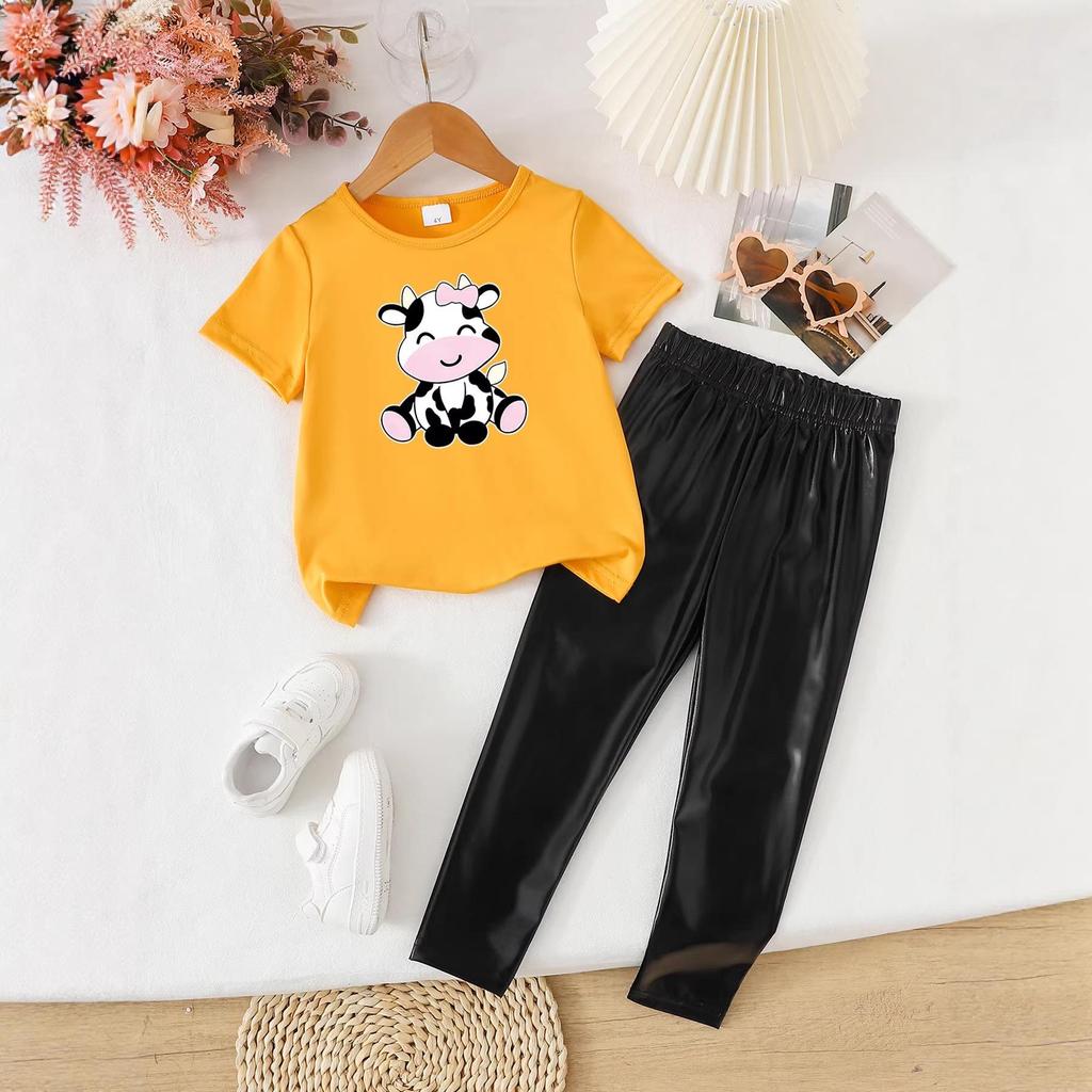 Summer Girls' Fashionable Two-Piece Clothing Set: Short Sleeve Top & Printed Long Pants